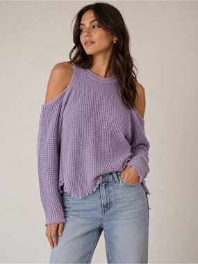 FREE PEOPLE Lavender Sunrise Cold Shoulder Waffle Knit Distressed Sweater